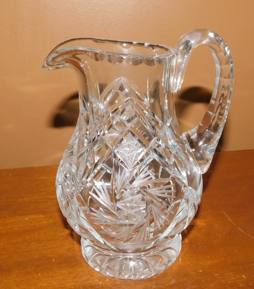 Crystal Glass Beverage Syrup Pitcher Pinwheel Applied Handle