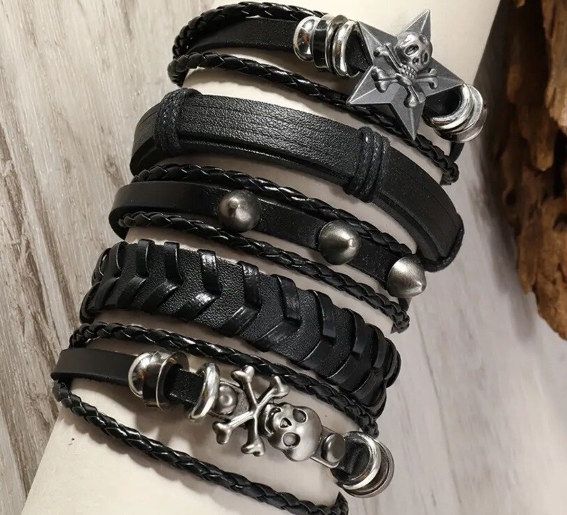 5 PC Leather Punk Bracelet Stackable Adjustable Tie New Free Ship B2658