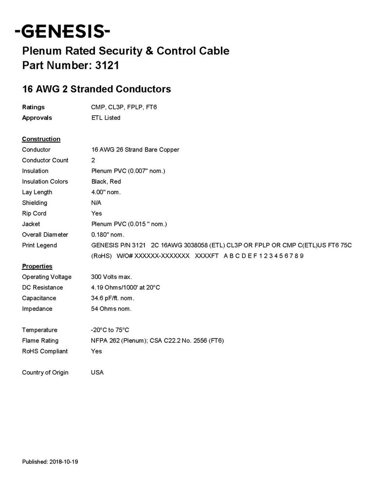 Southwire Genesis 3121 16/2C Audio/Security/Alarm Cable Plenum CMP White /50ft