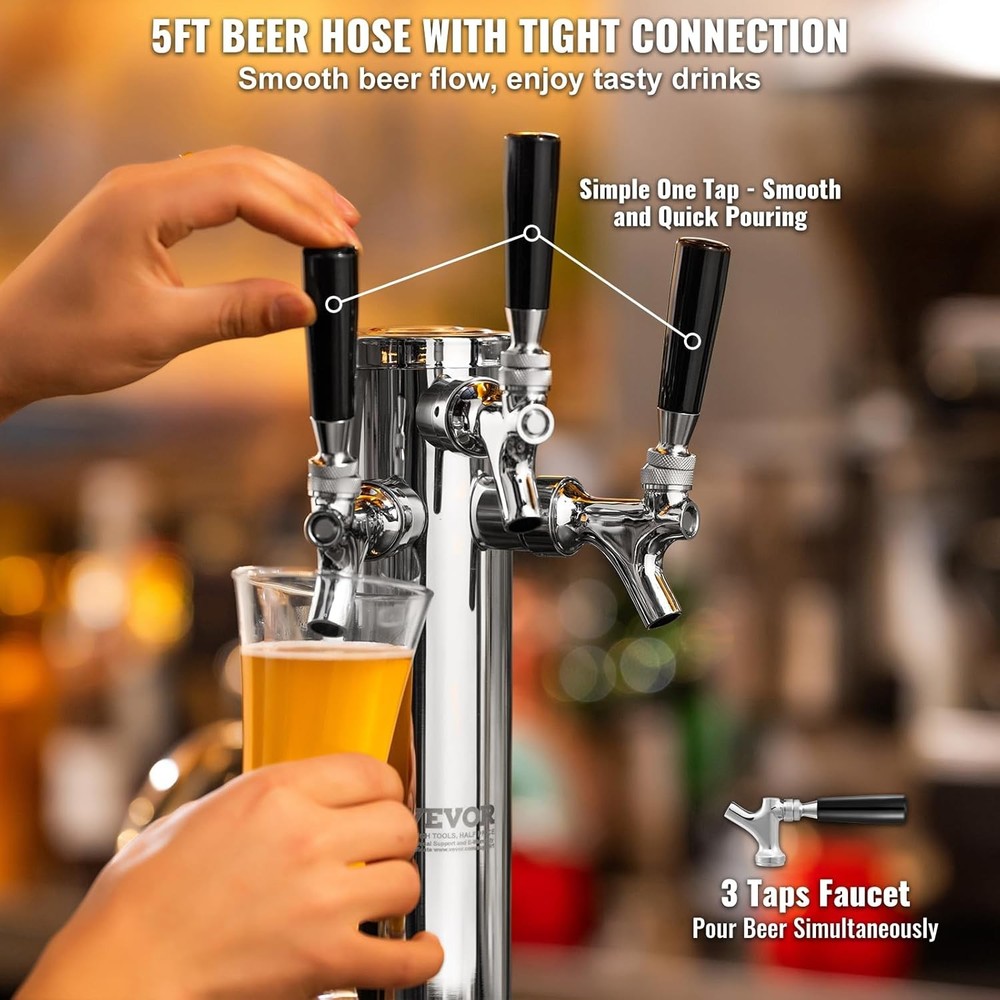 VEVOR Triple Taps Draft Beer Tower Dispenser, Stainless Taps, Silver