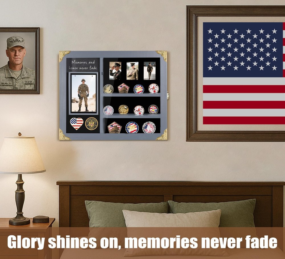 Lighted Challenge Coin Display Case, Modern Coin Holder with Photo Frame, Wal...