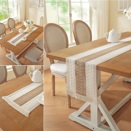 Farmhouse Decor Boho Table Runner with Macrame, 60 inches Beige & Brown-1
