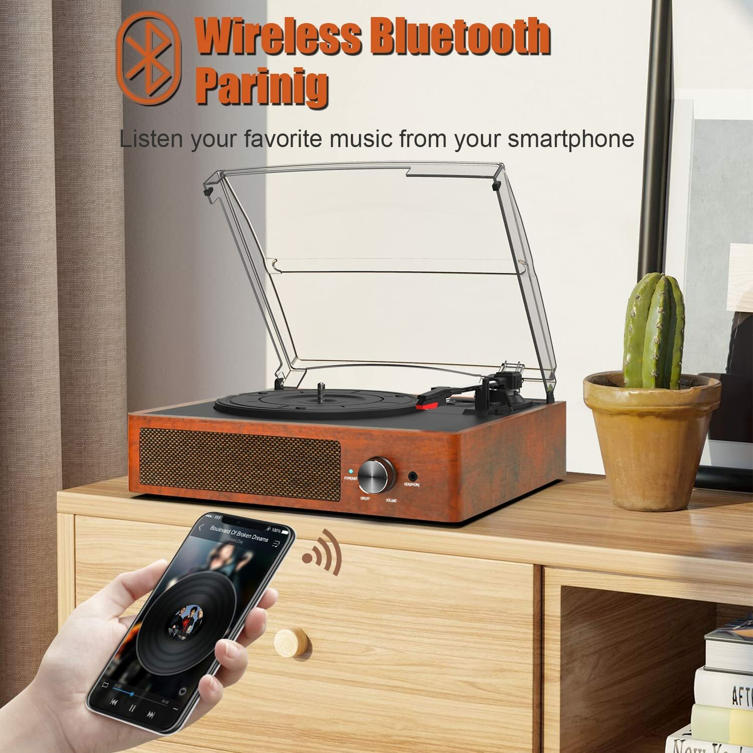 Bluetooth Record Player Belt-Driven 3-Speed Turntable, with Headphone Jack