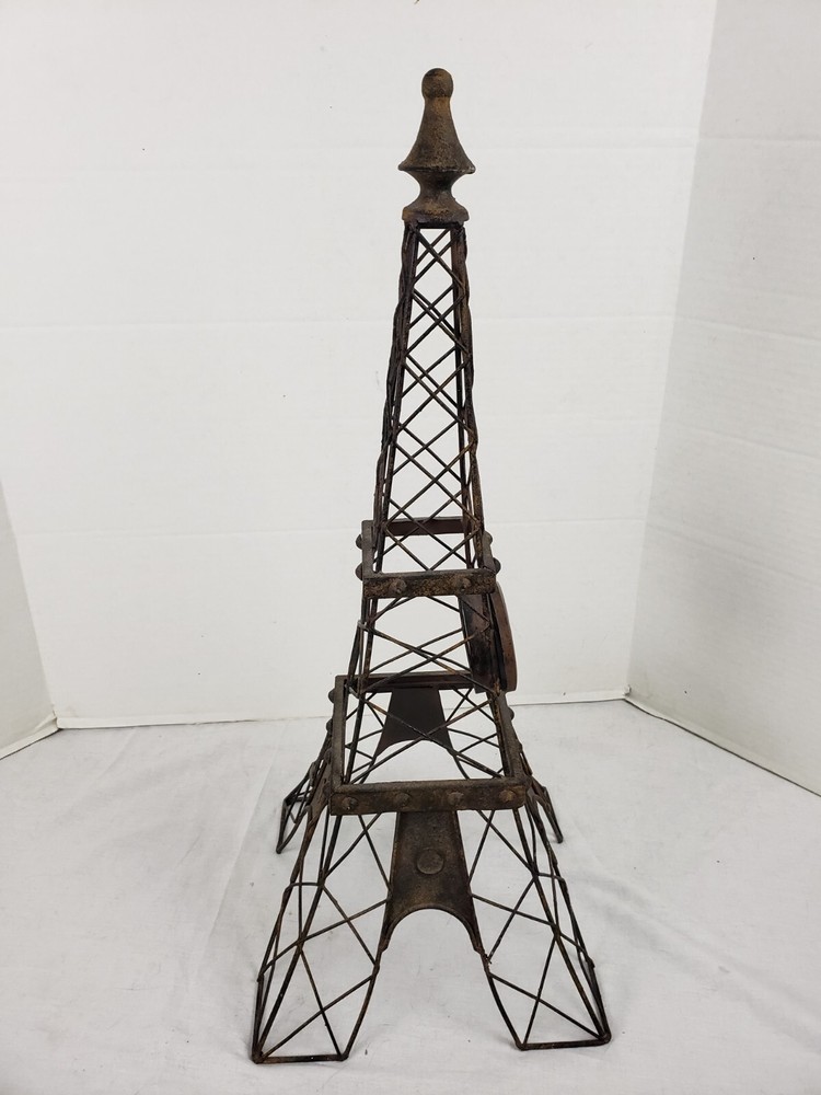 Eiffel Tower Wire Sculpture Statue with Working Clock 25" Rustic