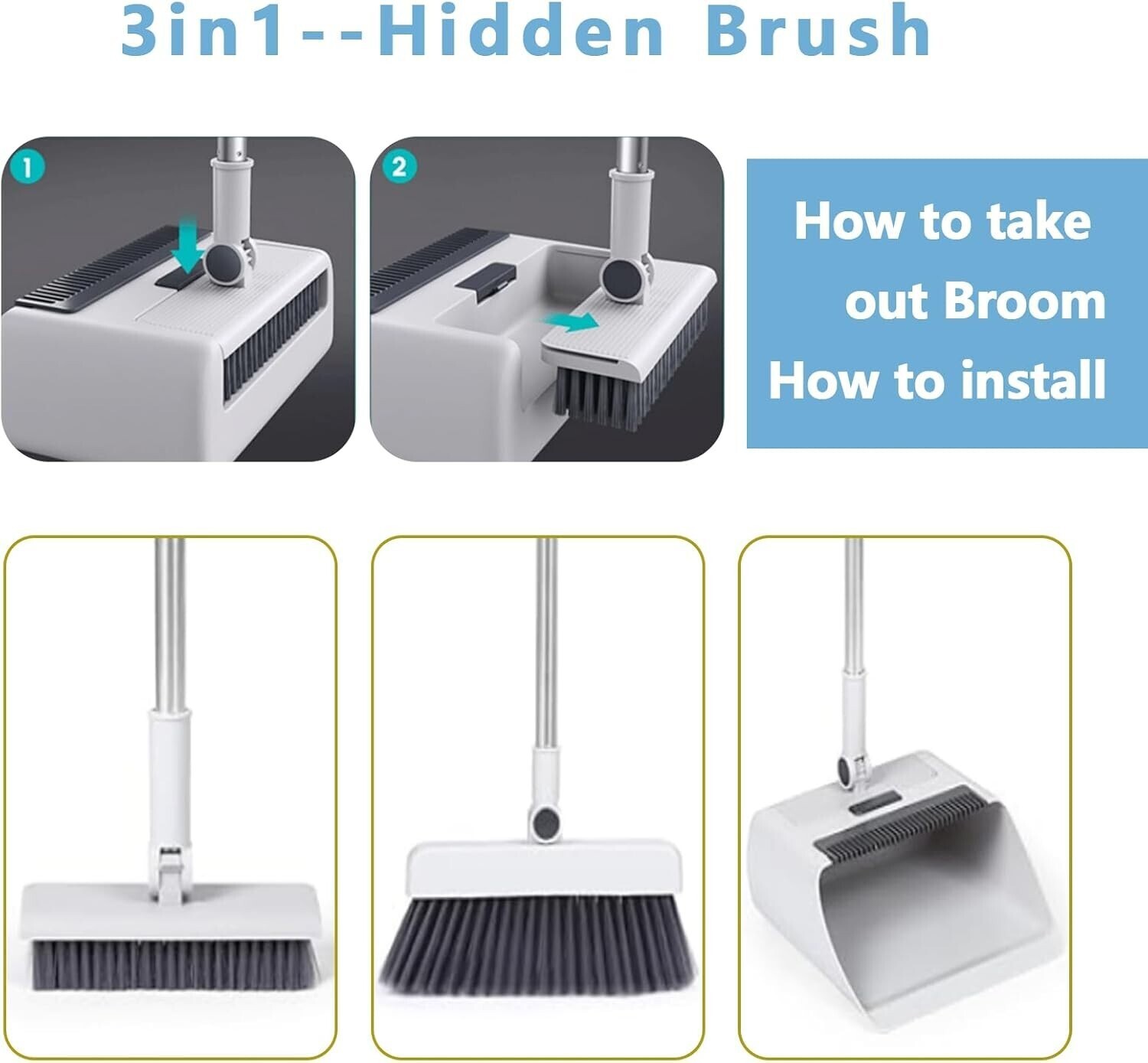 Broom and Dustpan Set Lightweight Upright Lobby Broom and Dust Pan Combo 3-In-1