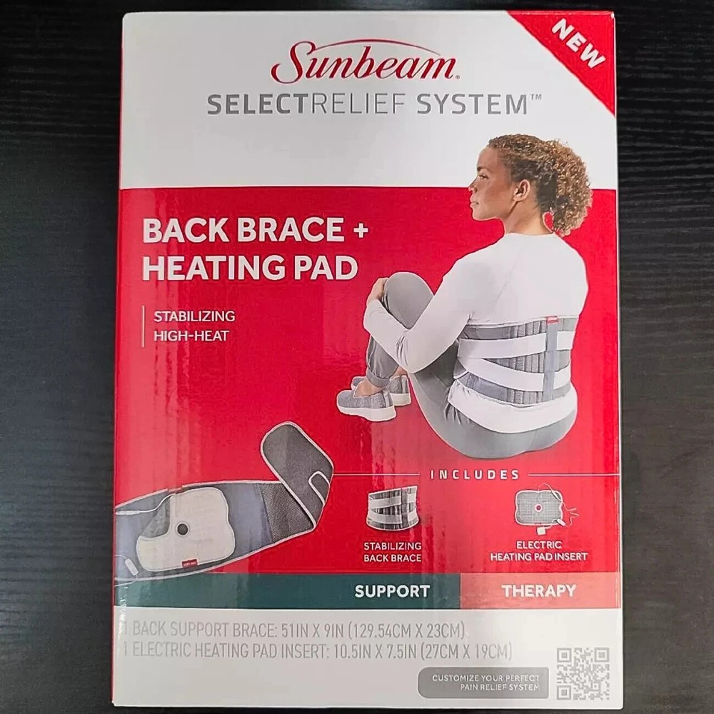 Sunbeam Back Brace + Heating Pad Select Relief System Back Therapy Bundle NW