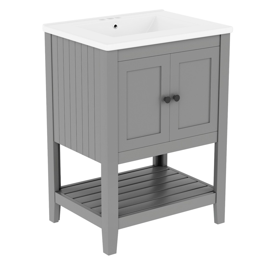 24" Modern Bathroom Vanity - Solid Wood Frame, Semilune Ceramic Sink, Open Shelf