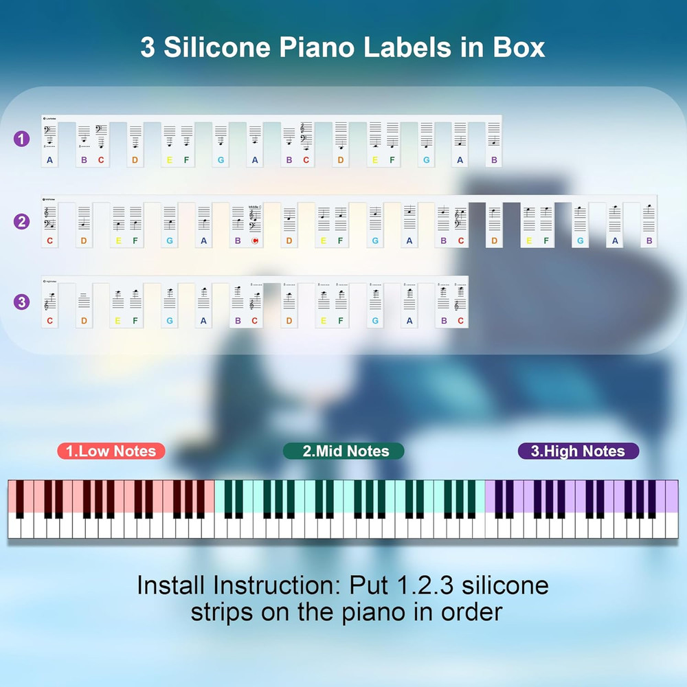 Piano Notes Guide Removable Silicone Piano Keyboard Note Labels Multi-Color Bold