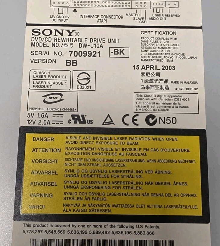 PC CD Drive SONY DW-U10A DVD CD Rewritable Untested