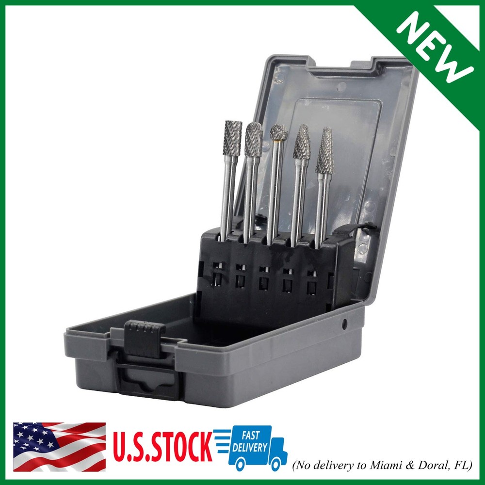 5Pcs Carbide Burrs Set Extended Long Double Cut Solid Rotary File 1/4" Shank