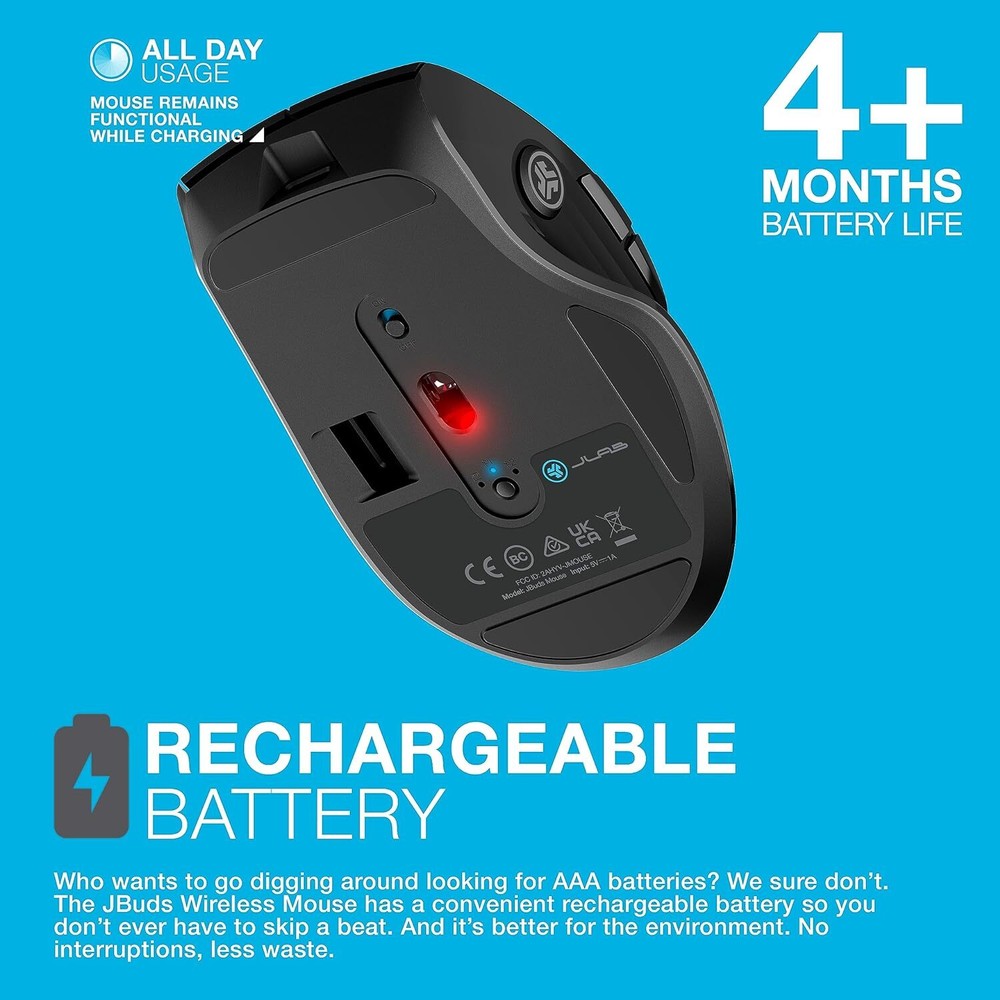 JLab JBuds Wireless Mouse For PC, Laptop, Computer, Mice, 2.4G, Bluetooth, Black