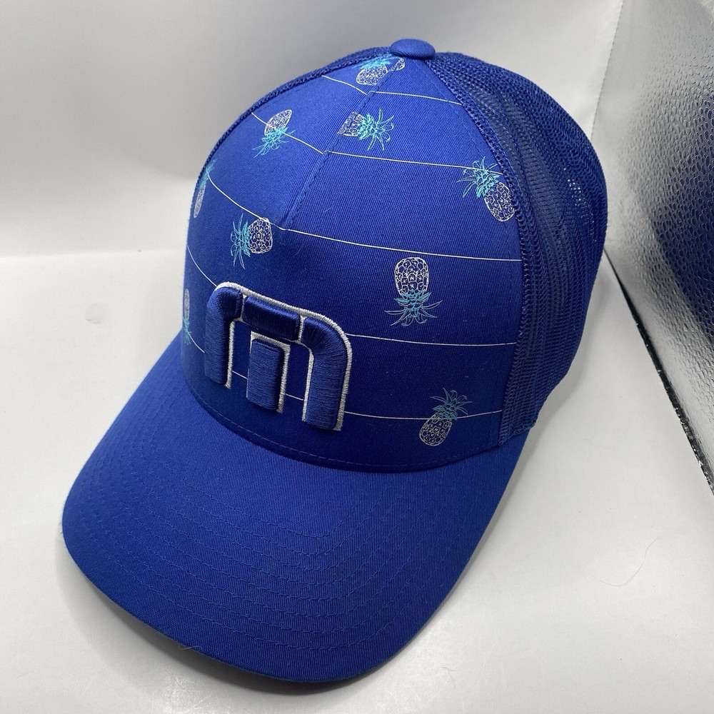 Travis Mathew Golf Hat Trucker Adjustable SnapBack Blue Pineapple Mesh Cleaned
