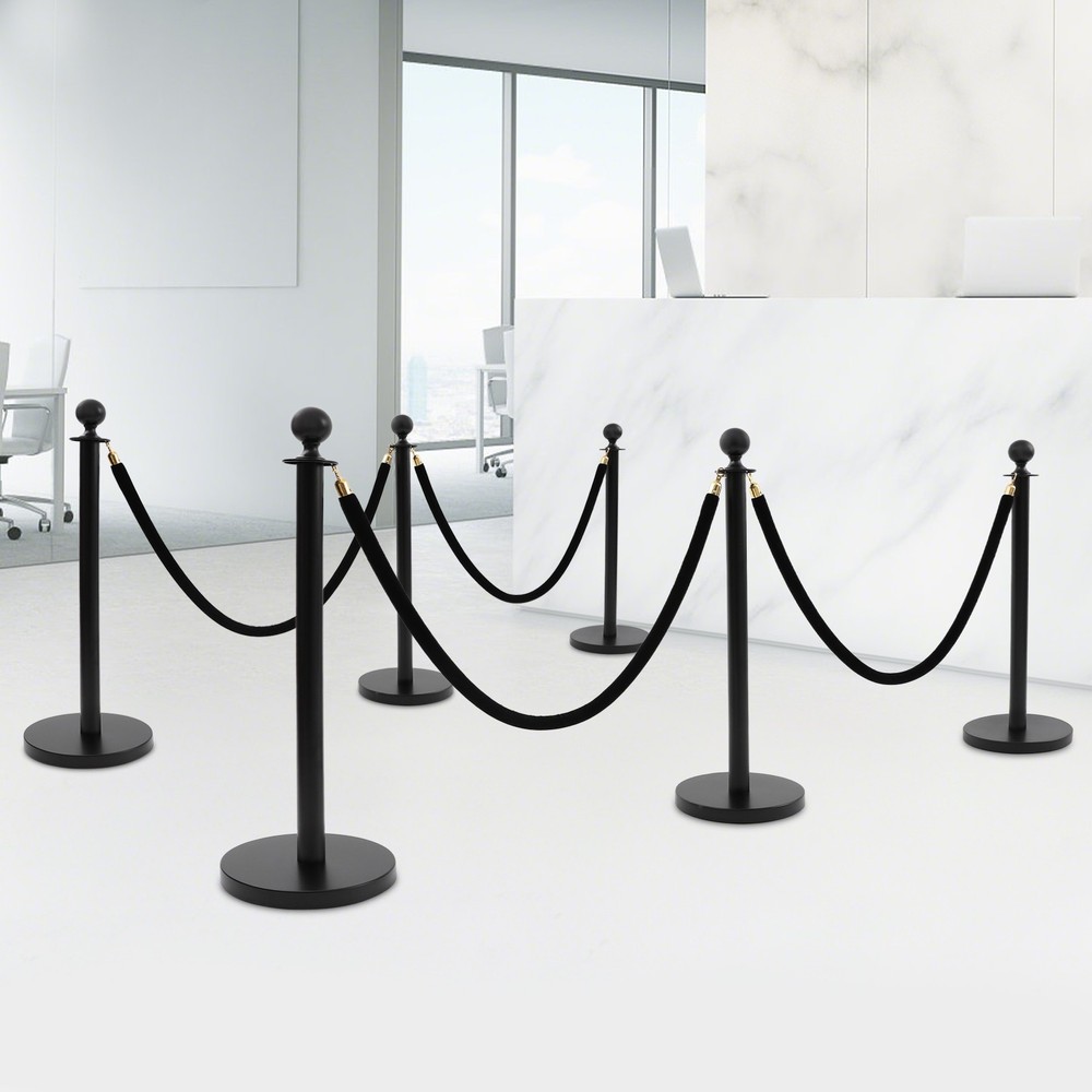 6 PCS Black Stanchion Posts Queue Pole with 4 1.5M Ropes Crowd Control Barrier