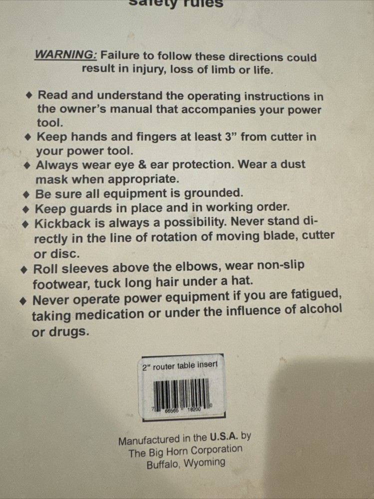 Big Horn Corporation 2” Router Table Insert - New