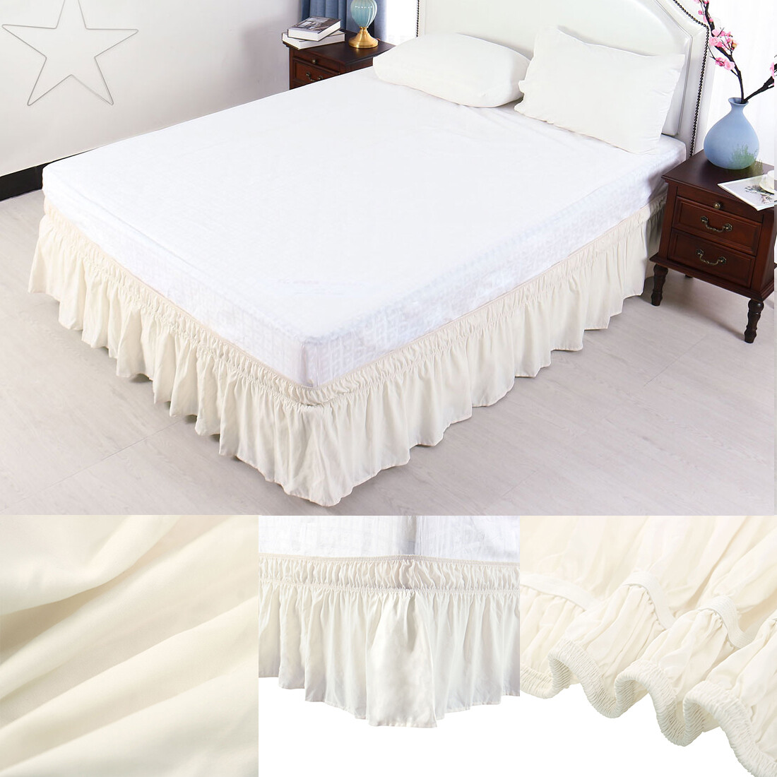 US Ship Wrap Around Bed Skirt Elastic Dust Ruffle 15 Inch Drop 4 Size Wrinkle