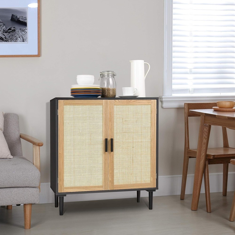 Sideboard Buffet Cabinet, Kitchen Storage Sideboard with Rattan Decorated Doo...