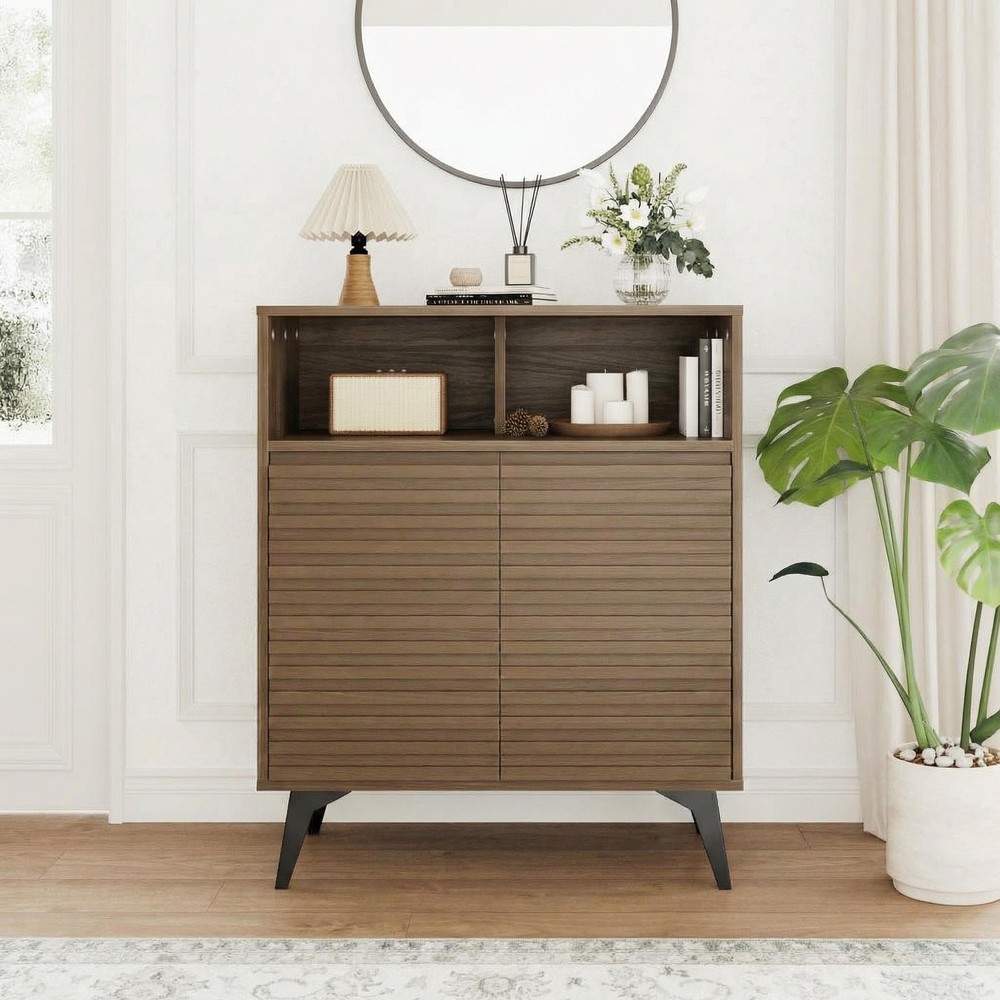 Fluted Sideboard Buffet Cabinet with Adjustable Shelves Metal Legs