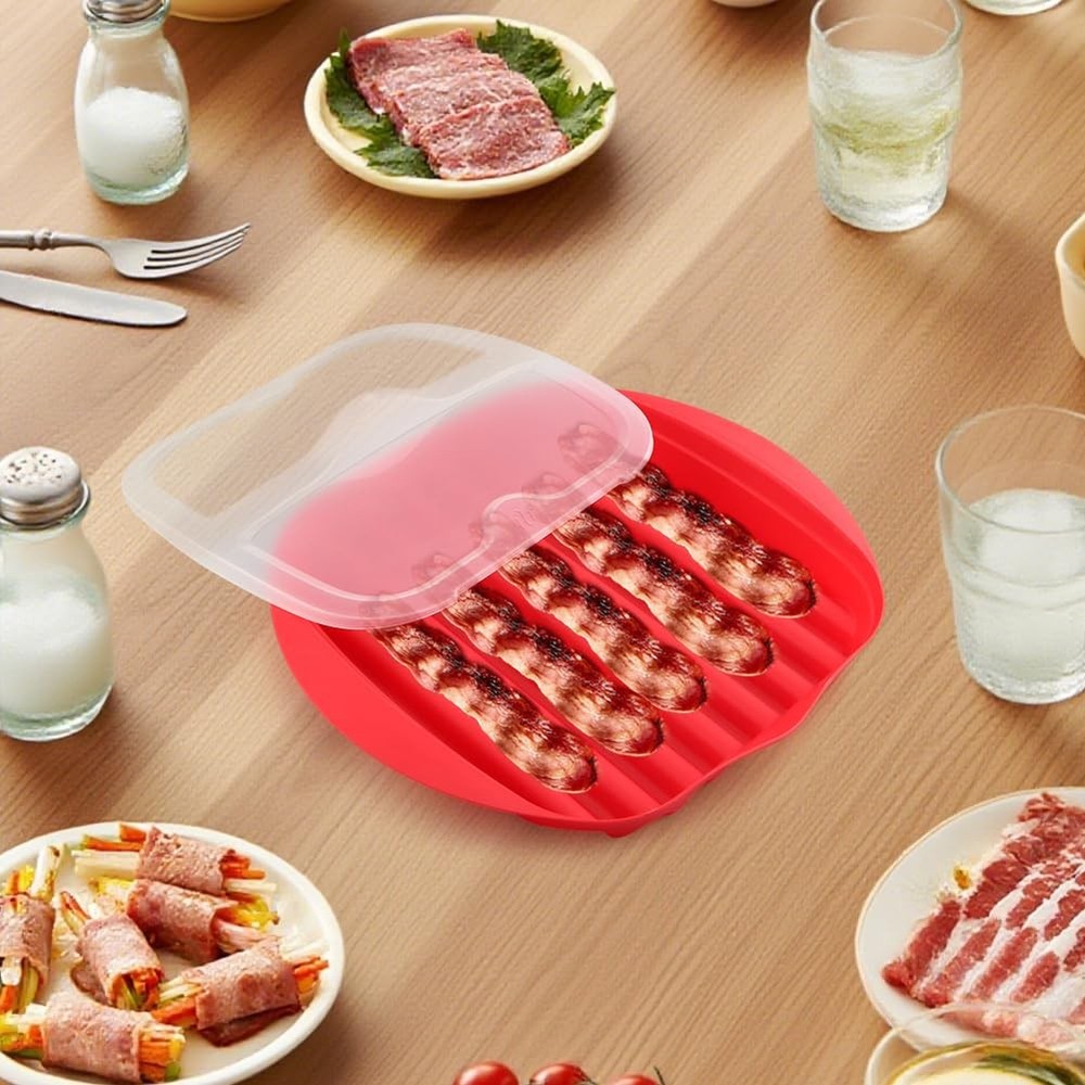 Microwave Bacon Tray with Splatter Lid, Bacons Rack, Easy Red