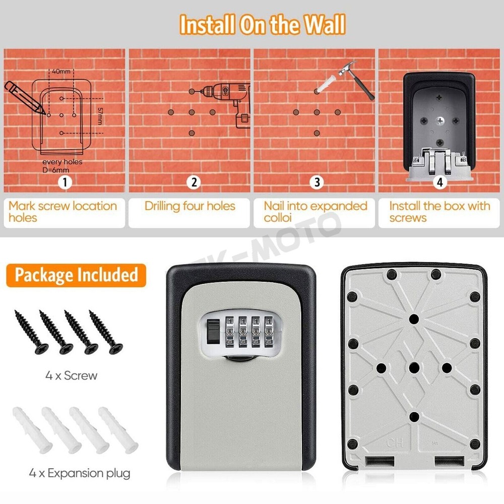 4 Digit Combination Key Lock Box Wall Mount Safe Security Storage Case Organizer