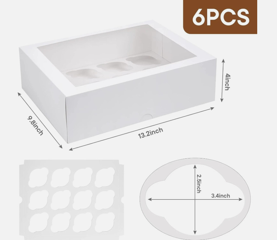VGOODALL 12 Count Cupcake Boxes, Container with Window, White, 6-Pack - NEW