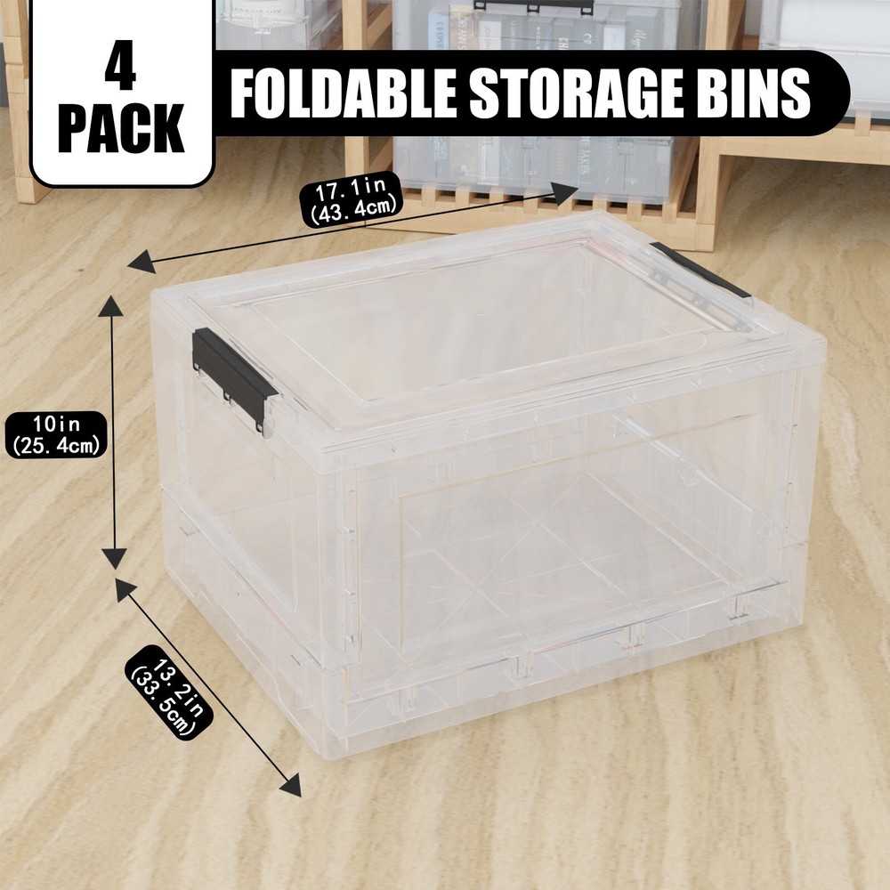 4 Packs Clear Stackable Folding Bins with Lids Collapsible Plastic Storage Cube