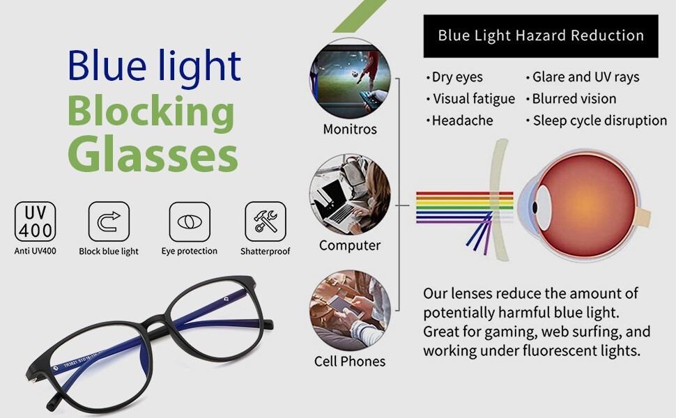 Blue Light Blocking Glasses | Anti UV400 | Computer Gaming Eyestrain Reducer