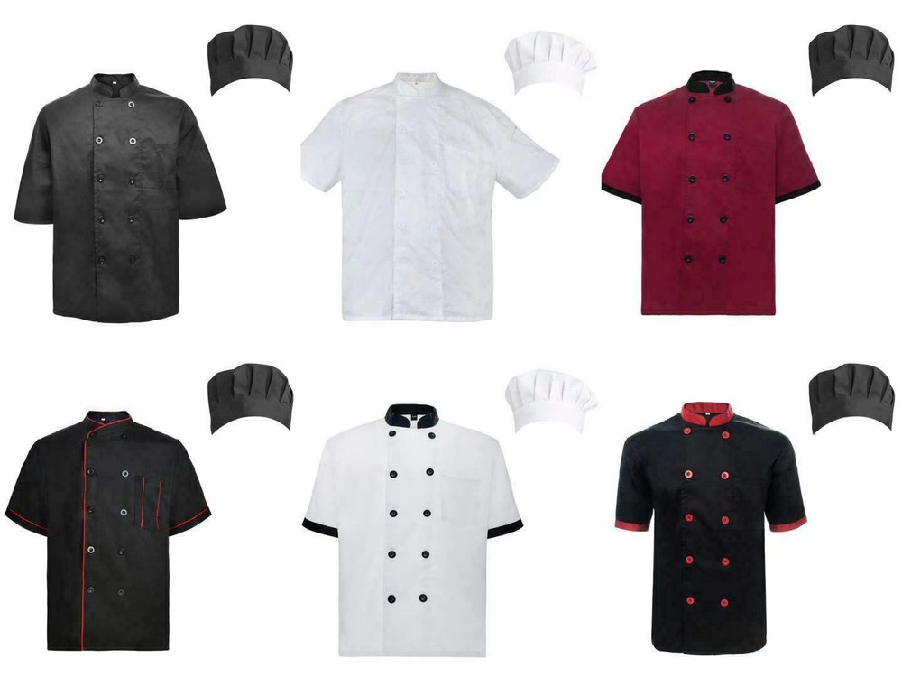 Unisex Cooking Chef Coat Jacket Kitchen Uniform Cooker Work with Adjustable Hat
