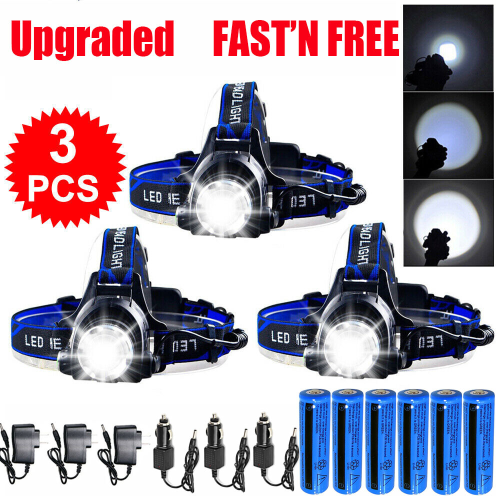 3Pack Rechargeable Headlight Zoomable Head Torch Lamp Flashlight LED Headlamp