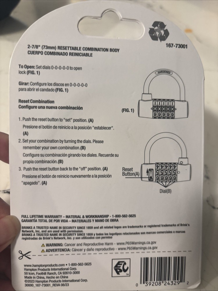 Brinks Combo 1234 Brass 3-Dial Resettable Combination 40mm Padlock 16773001