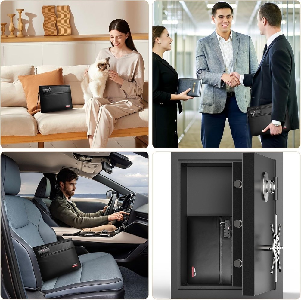 6400℉ Fireproof Money Bag with Lock,Dual-Zip Compartments Fireproof Document ...