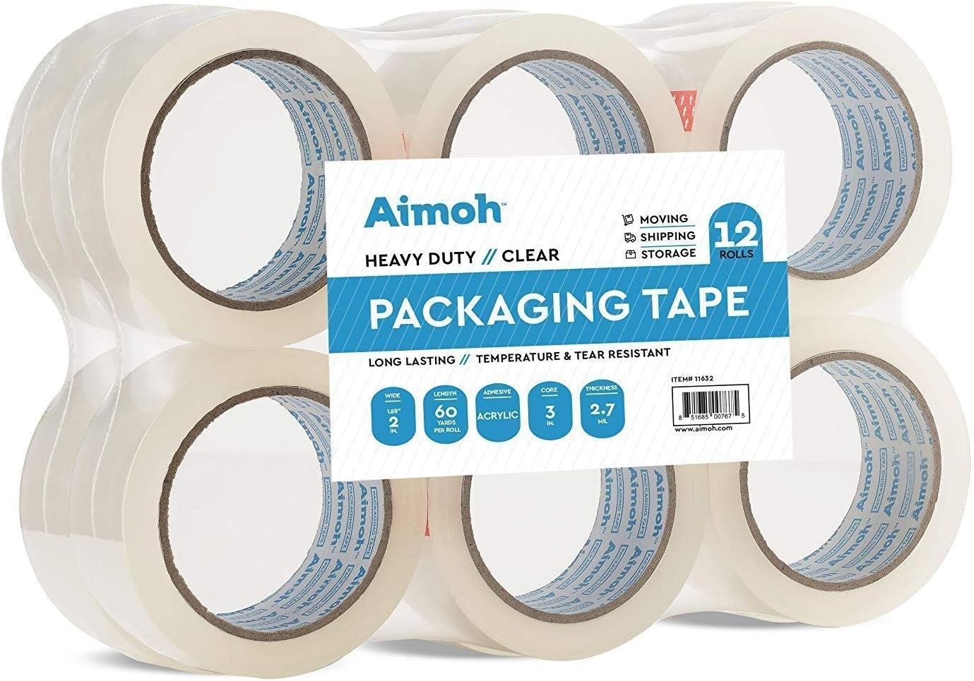 12 Rolls Heavy Duty Clear Packing Tape -Acrylic Adhesive- 2.7mil Super Strong...