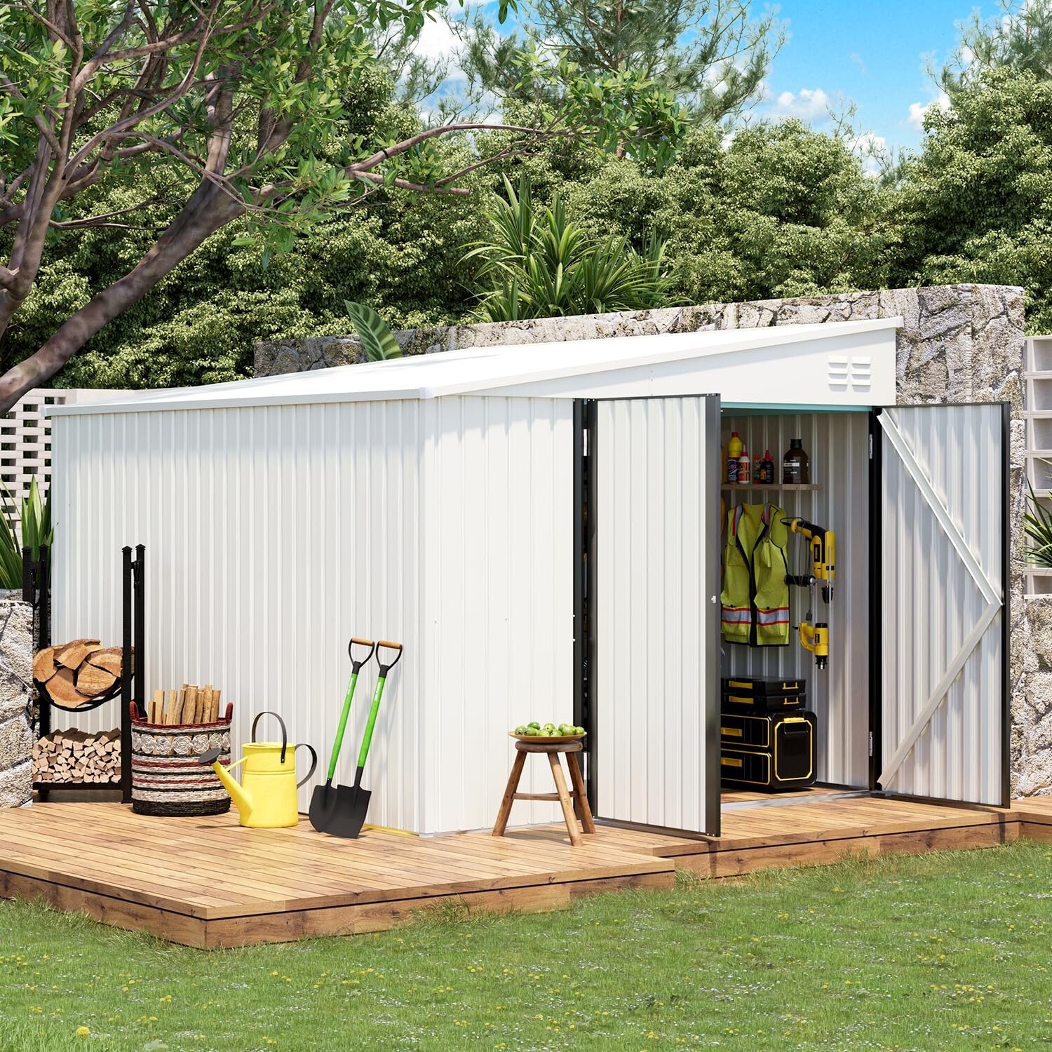 Lean to Garden Storage Shed Outdoor Metal Tool House w/ Lockable Door Multi-size