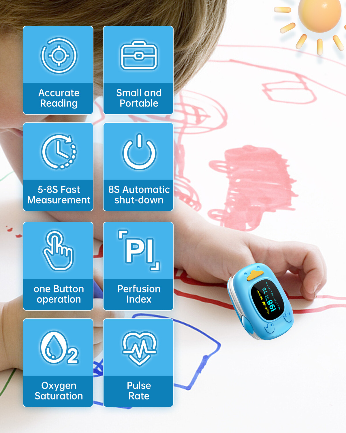 Baby Kids Finger Pulse Oximeter Pediatric SpO2 PR for Neonatal Children 1-12Year