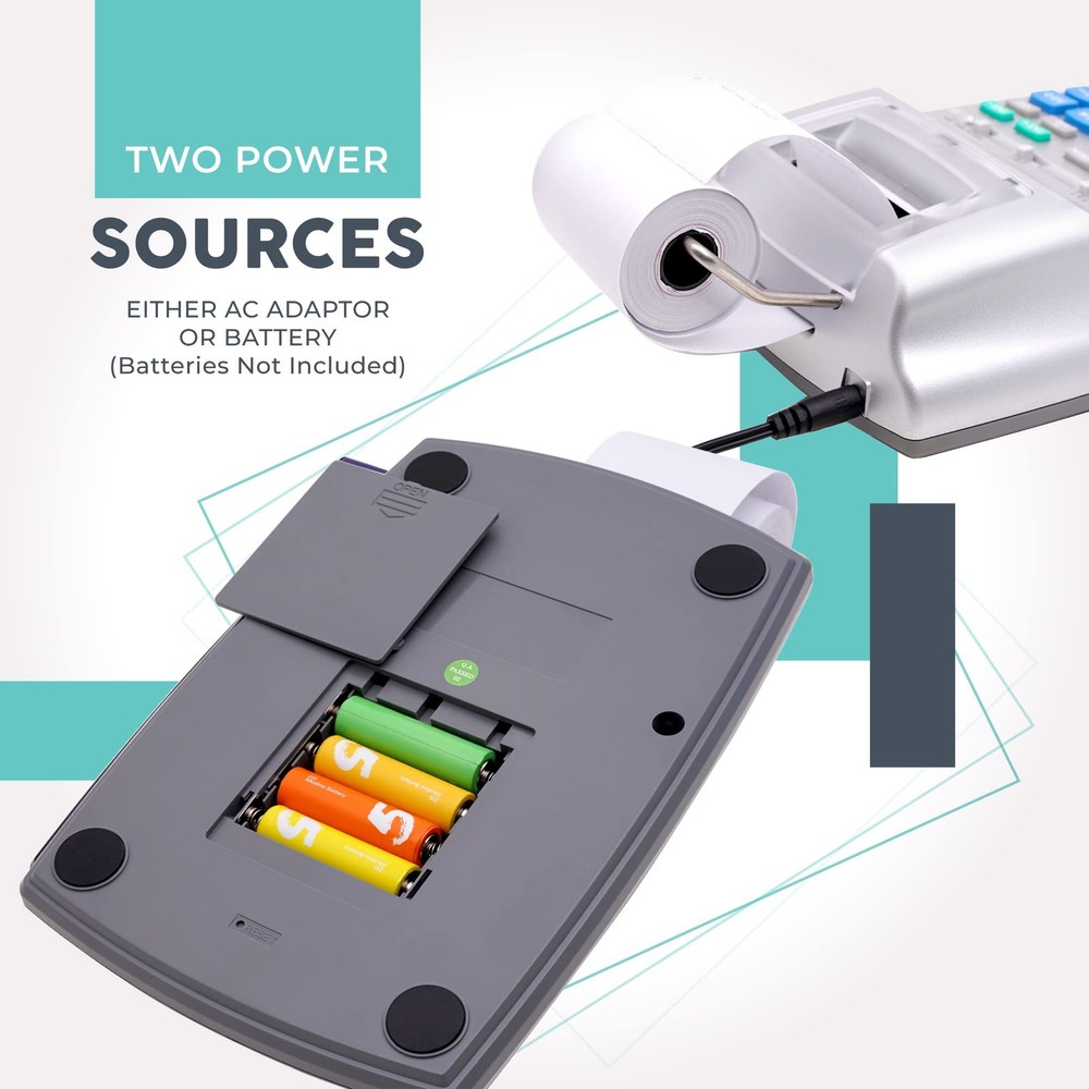 Silver Pro Adding Machine with Printer Clear Display Dual Power Sources