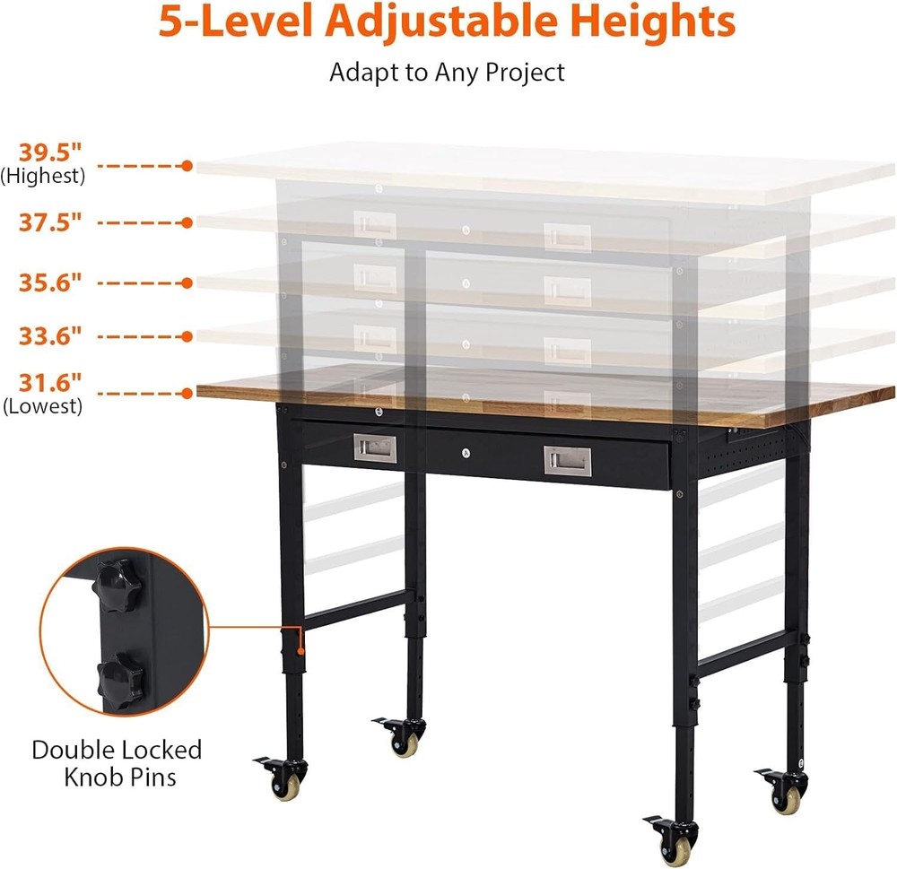 Workbench with Storage Drawer,Pegboard,Wheels Work Table for Garage,Workshop,60"