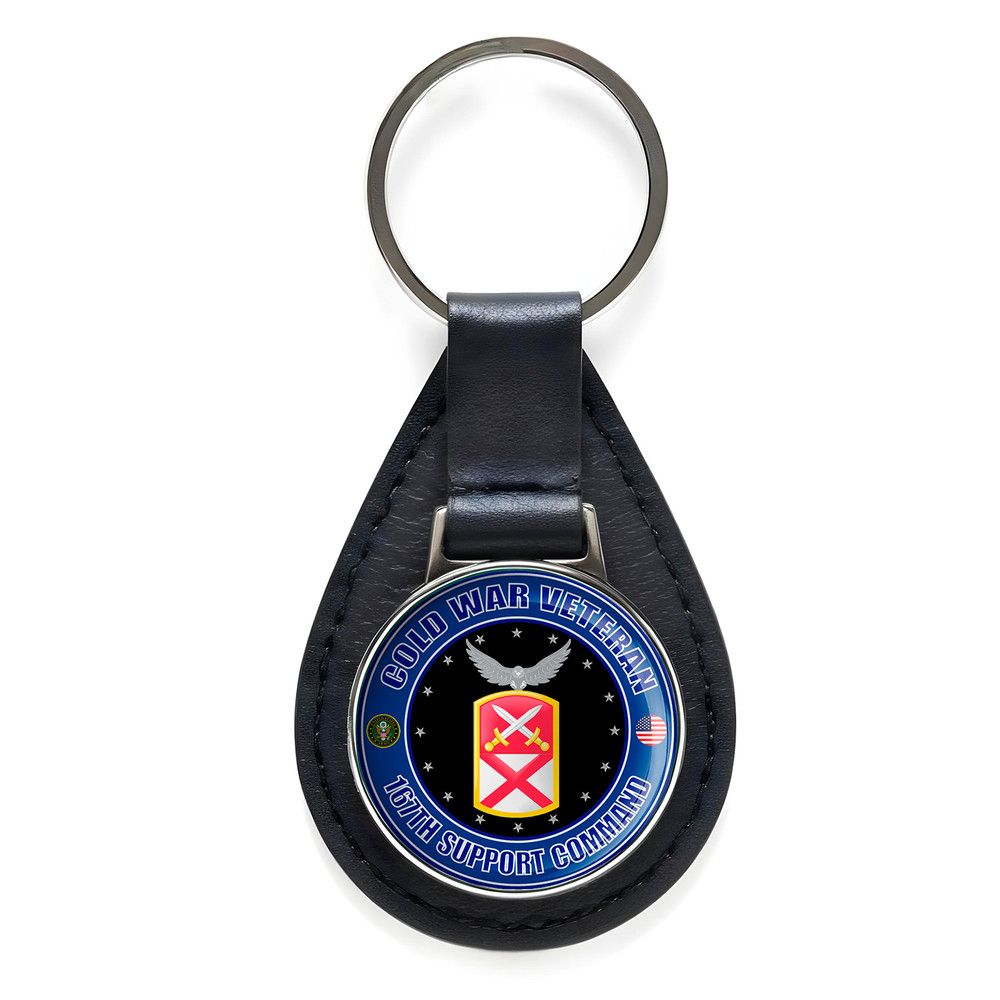 Cold War Veteran 167th Support Command Black Leather Keychain Silver Keyring