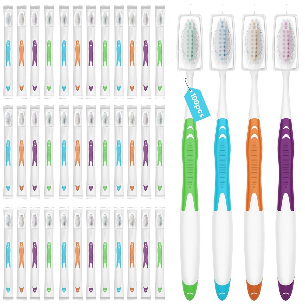 100 Bulk Toothbrushes Pack with Covers, Individually Wrapped Tooth Brushes fo...