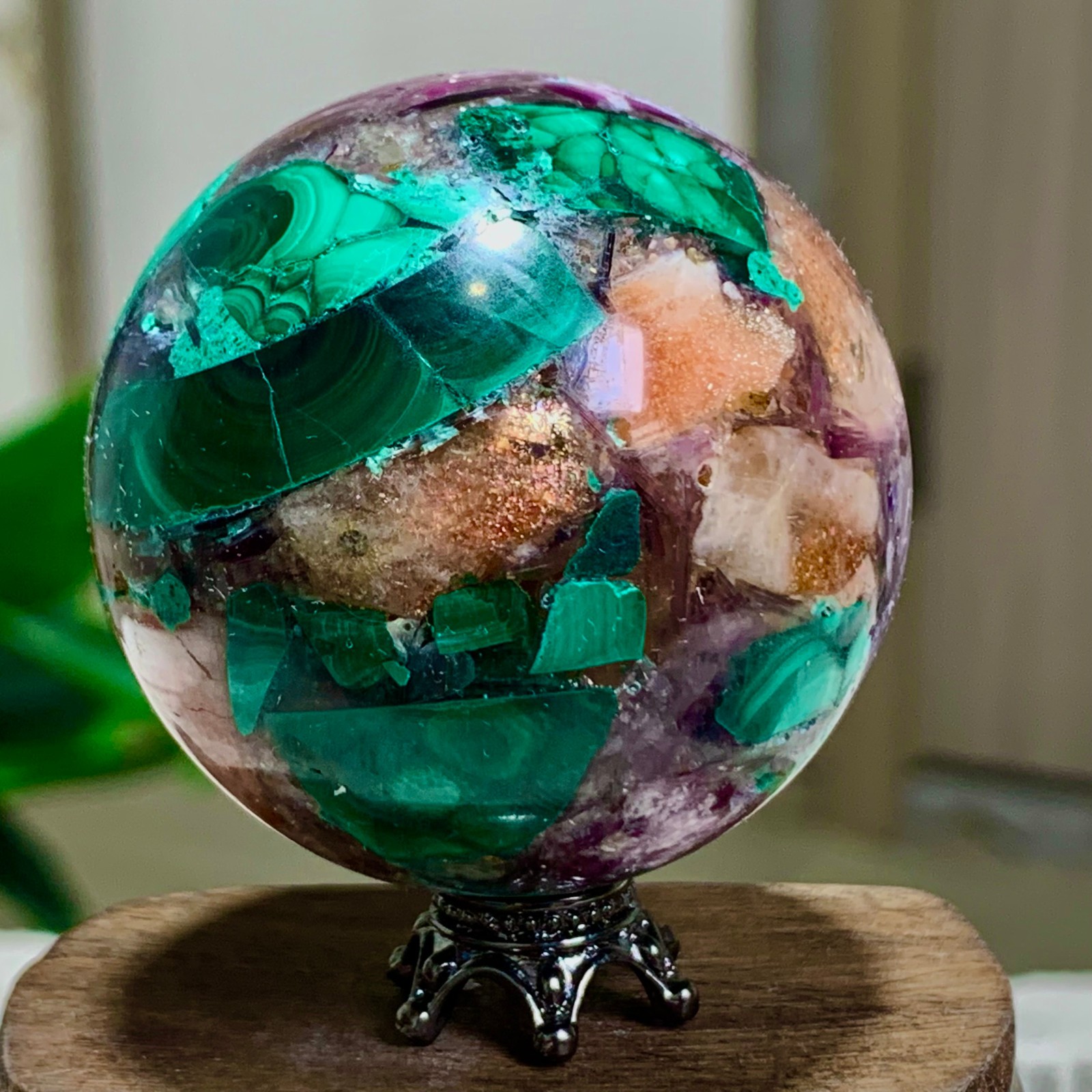 117G Newly discovered rare malachite purple mica symbiotic sphere restoration