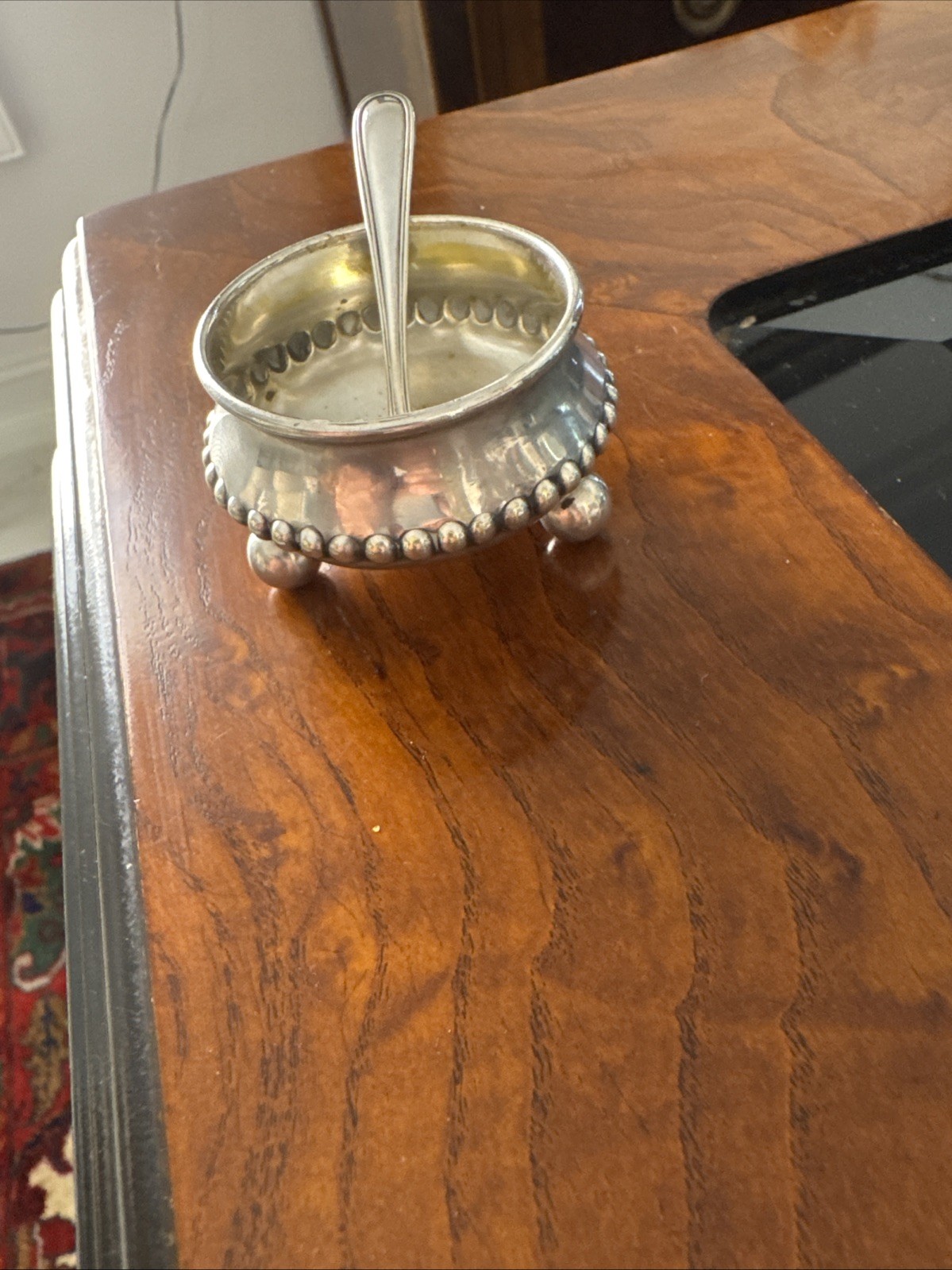 Silver Salt Cellar Beaded Rim ,Ball Footed With Sterling Salt Spoon