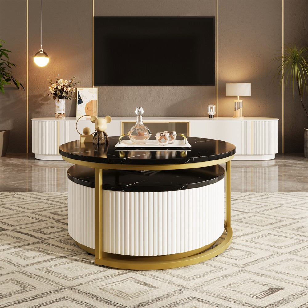 Modern Round Nesting Coffee Table Center Cocktail Table End Table with Drawers