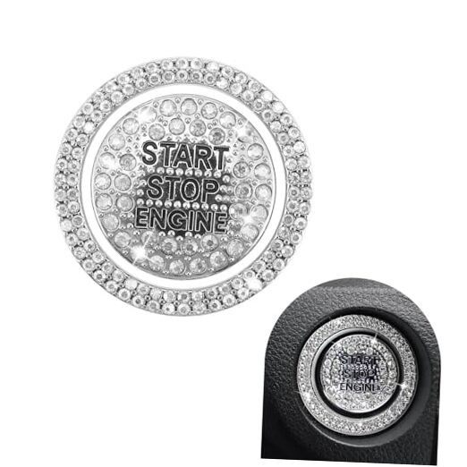 Car Engine Start Button Cover, Sparkling Rhinestone Push Start 2 PCS White
