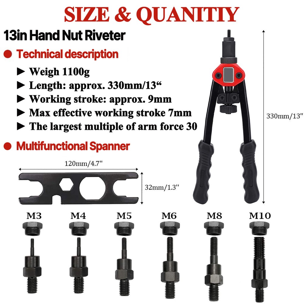1510PC Rivet Nut Gun Kit Rivnut Setting Tools Nut Setter Tool Hand Blind Riveter