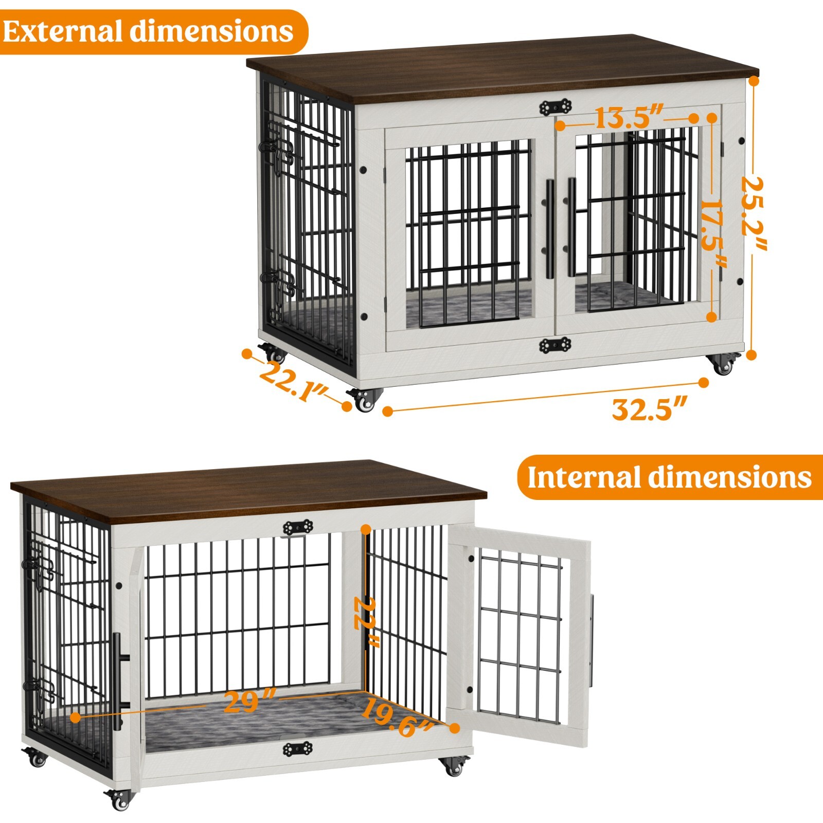 Dog Crate Furniture Dog Kennel Indoor Double Doors Wooden Cage & Cushion White