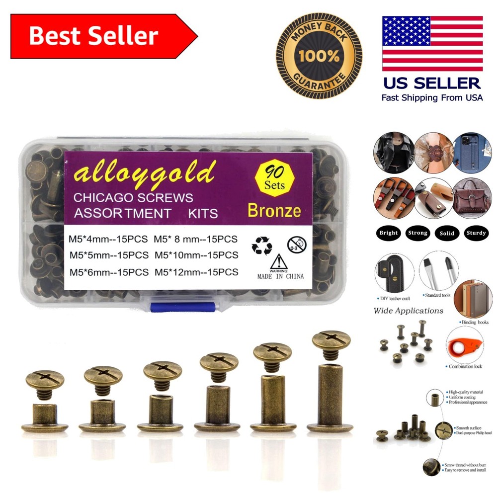 Durable Bronze Leather Rivets - 90 Sets with 6 Sizes for Creative Bookbinding