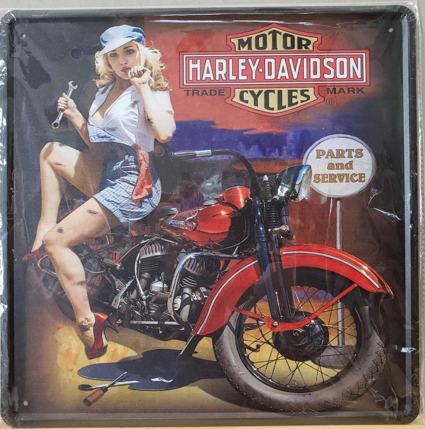 Reproduction Harley Davidson Motorcycle Sexy Mechanic Metal Sign 11.75" x 11.75"