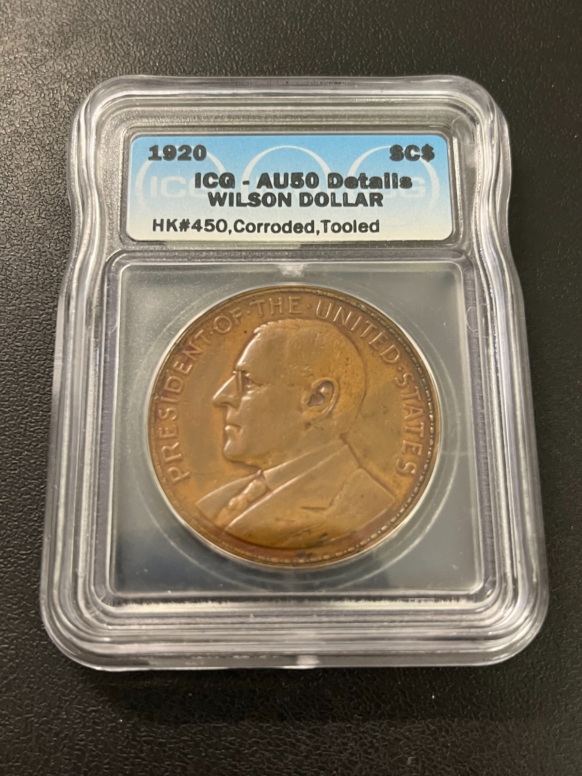 1920 WILSON SO-CALLED DOLLAR ICG AU-50 DETAILS - ABOUT UNCIRCULATED - SLAB - $1