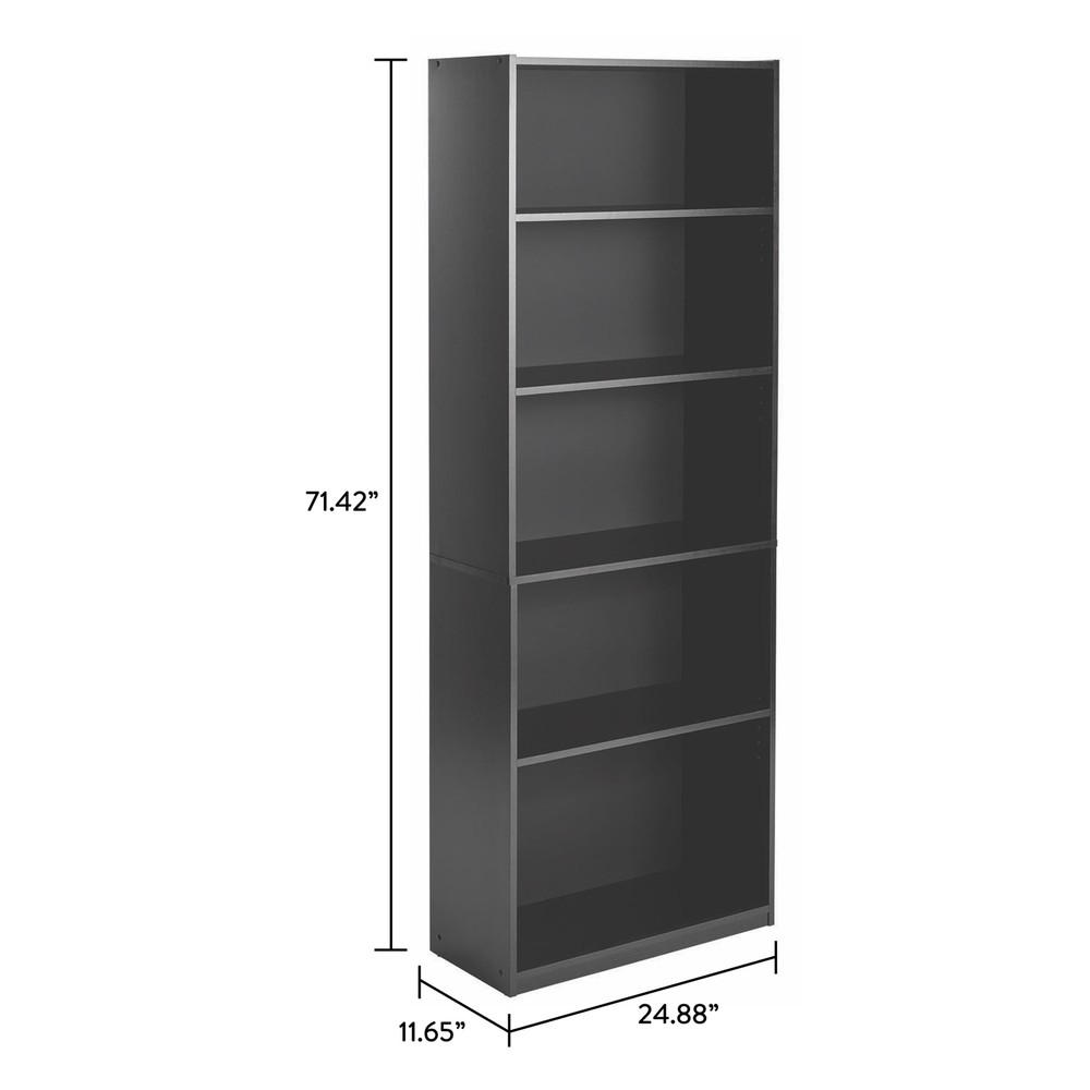 Five-shelf bookcase with adjustable shelves, solid black oak