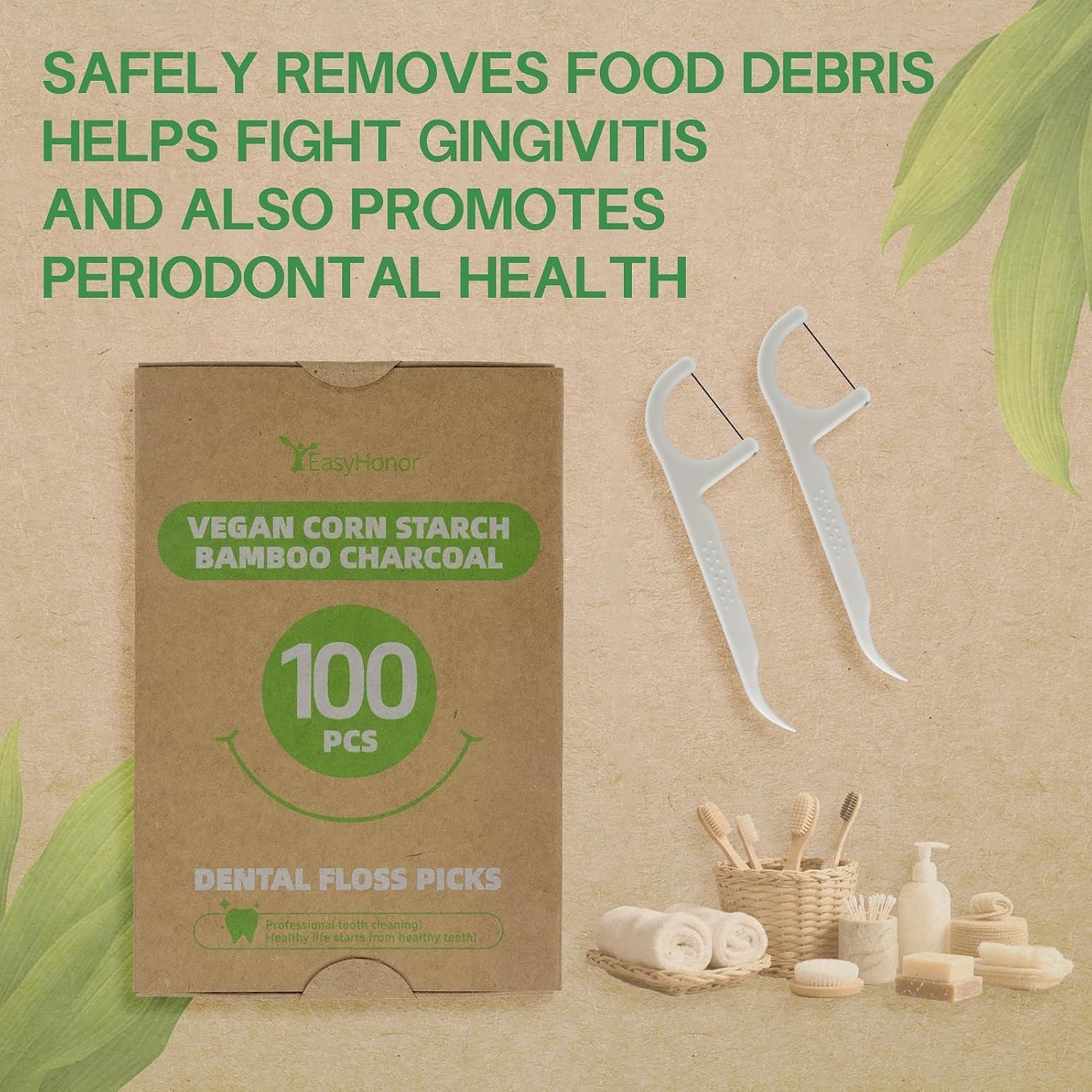 EasyHonor Organic Dental Floss Picks - Natural Biodegradable Floss Sticks with S