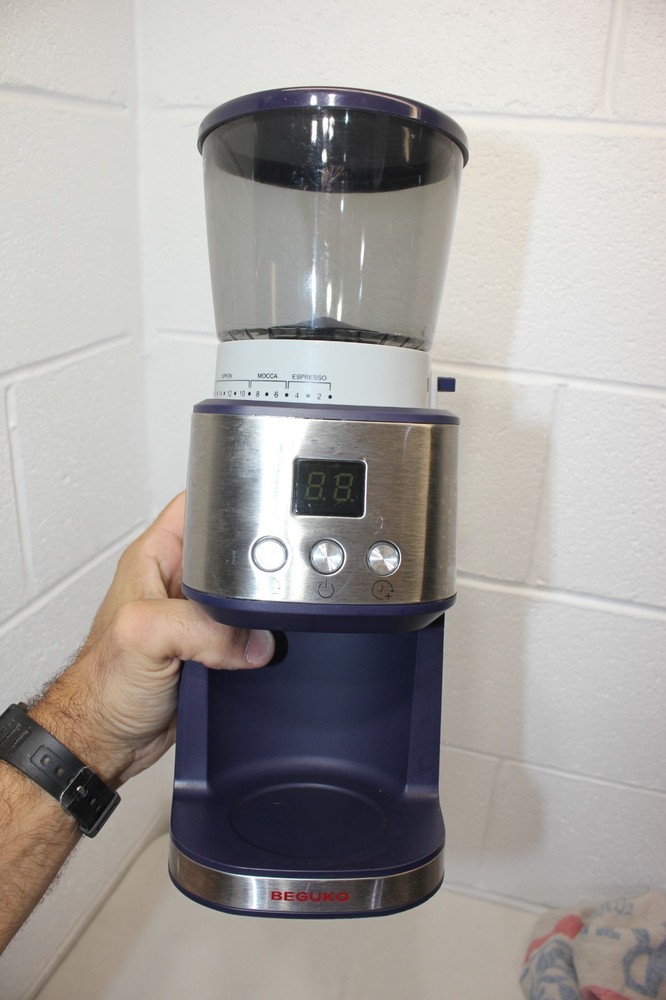 Beguko ADJUSTABLE GRIND Coffee Grinder Tested/WORKS! Silver/Blue, euc!! no cup