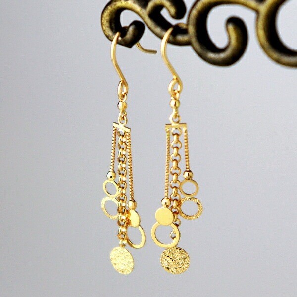K18 Triple Circle Chain Dangle Hook Earrings, Pair (18K Gold)